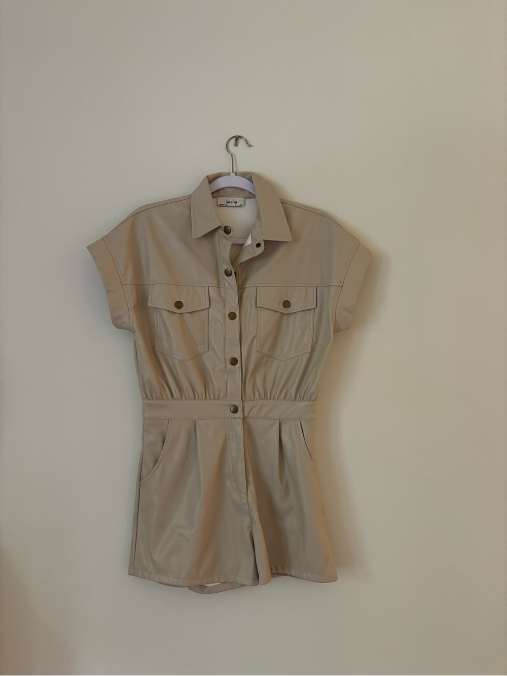 Beige Short Sleeve Faux Leather Romper